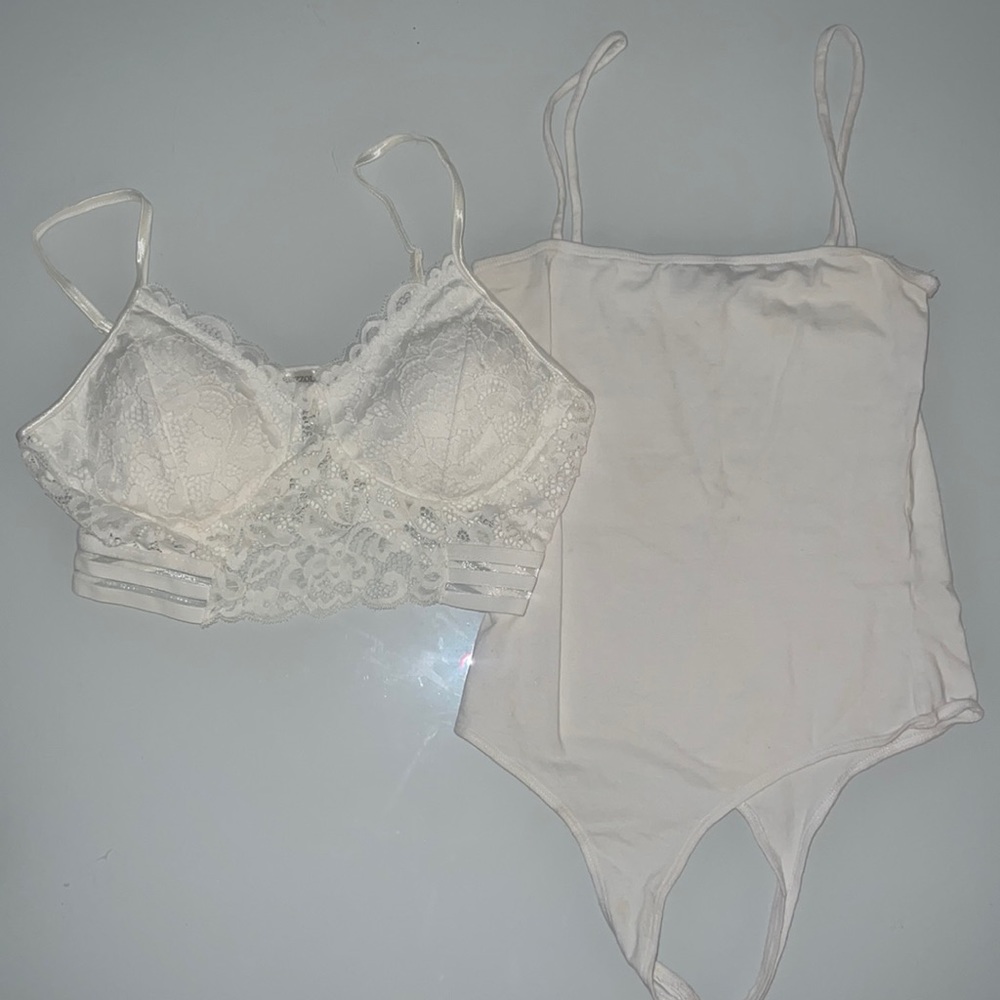 TWO white womans tops bodysuit and crop top